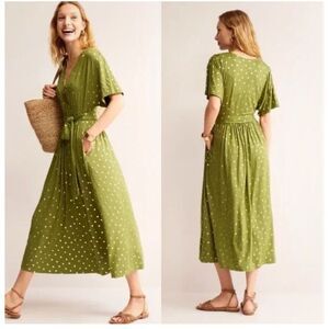 Boden Kimono Wrap Dress in Mayfly Scattered Foil Spot Green and Gold  Size 0P